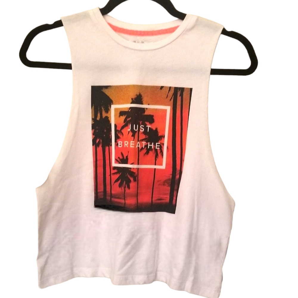 Forever 21 Women's Crew Neck Sleeveless T Shirt Just Breathe Palm Tree S…